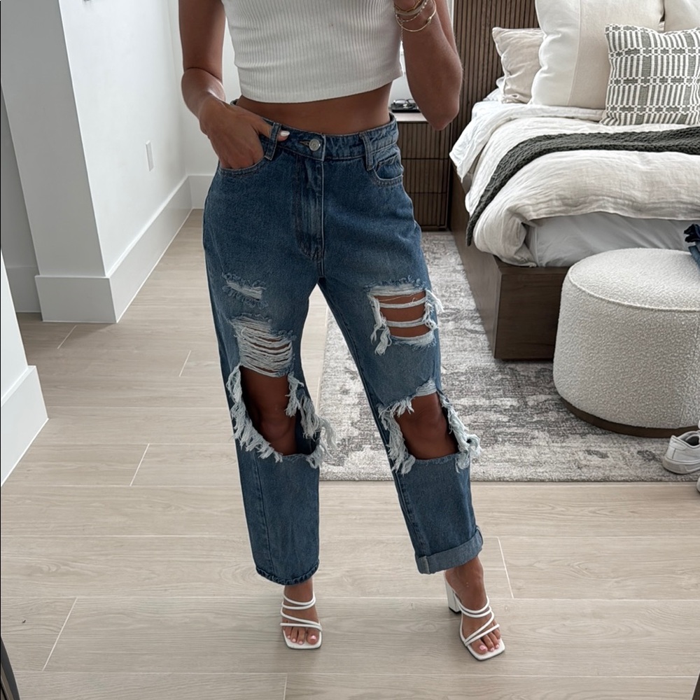 Missguided Blue Boyfriend Jeans with Distressed Details